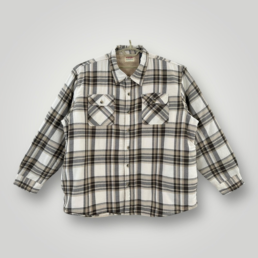 Wrangler‎ Authentics Jacket Mens 3XL Beige Plaid Sherpa Lined Flannel Workwear